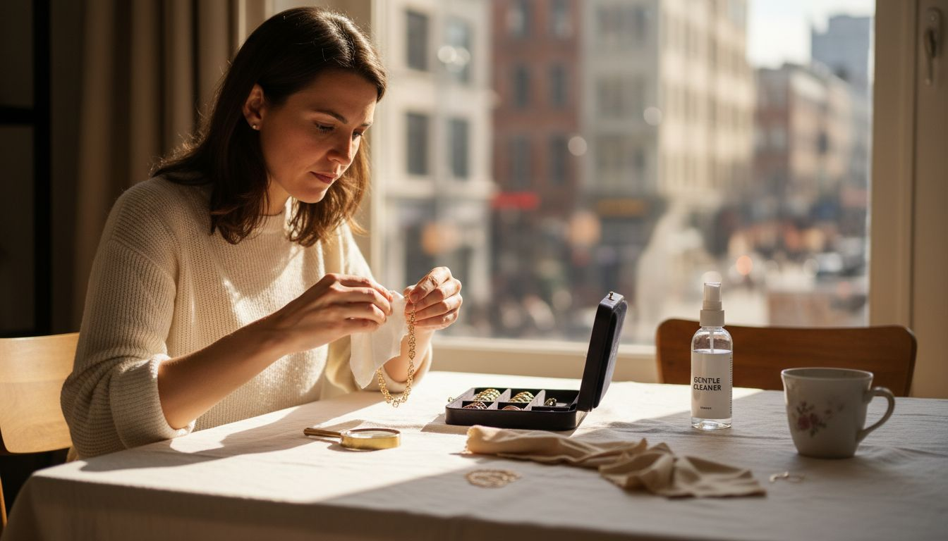 Woman cleaning necklace at jewelry care workspace