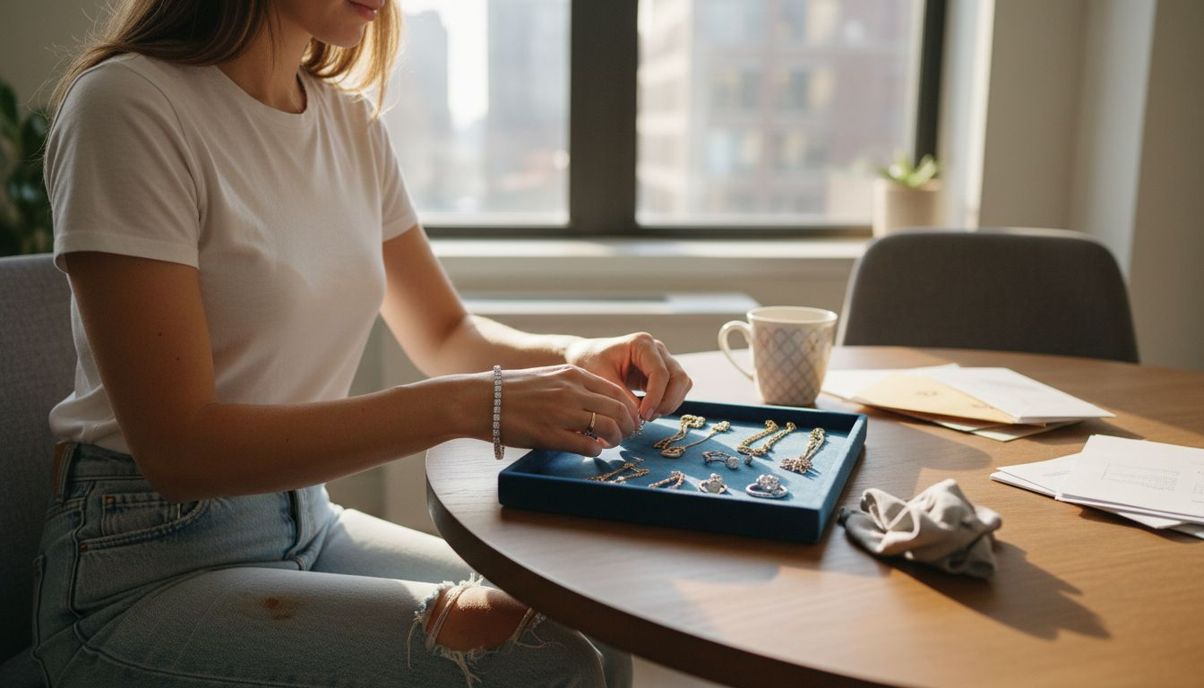 Woman arranging jewelry essentials at dining table
