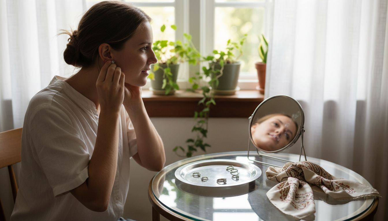 Woman putting on cubic zirconia earring at vanity