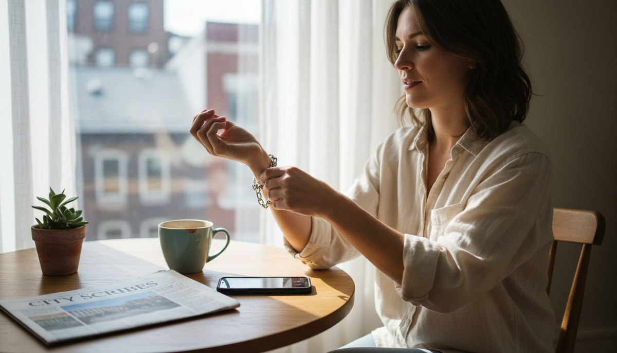 Woman putting on sterling silver jewelry at kitchen table