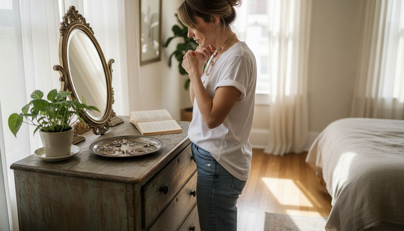 Woman layering jewelry in sunlit bedroom