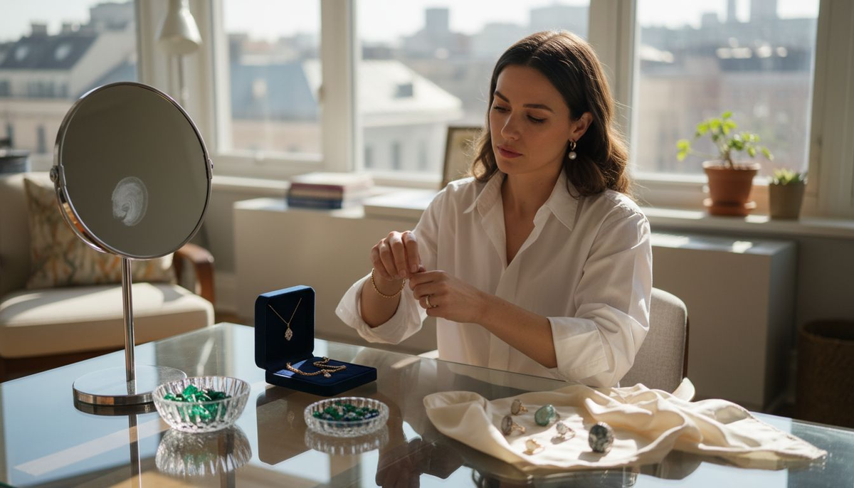 Woman choosing luxury jewelry at vanity table
