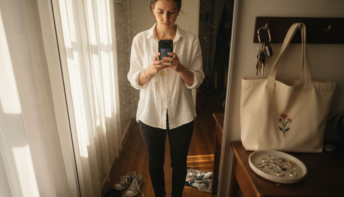 Woman choosing simple daily jewelry at entryway