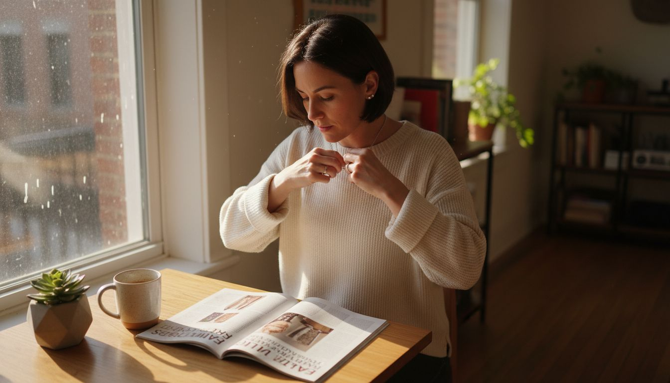 Woman adjusting necklace in sunlit kitchen