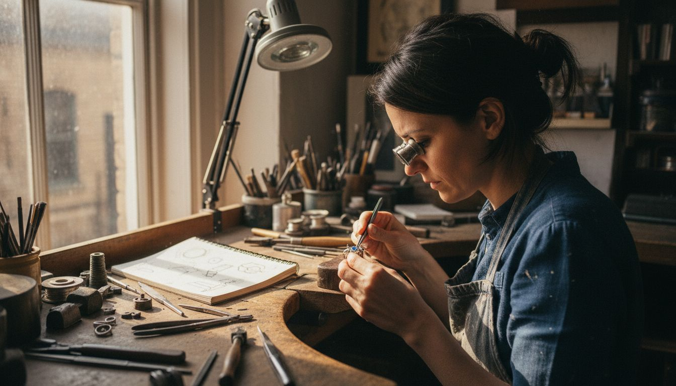 Artisan sets gemstone at cluttered jewelry workbench
