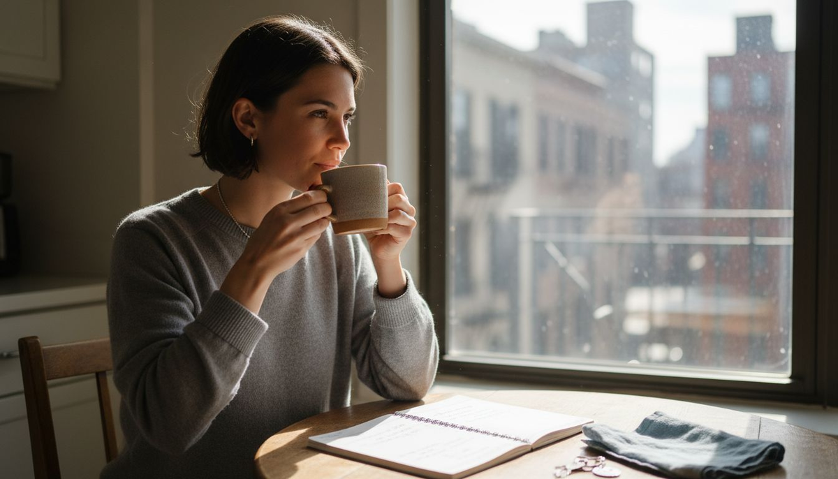 Woman putting on sterling silver necklace at kitchen table