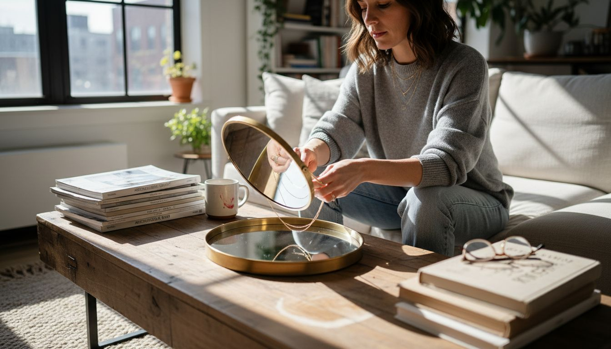 Woman layering necklaces in sunlit living room