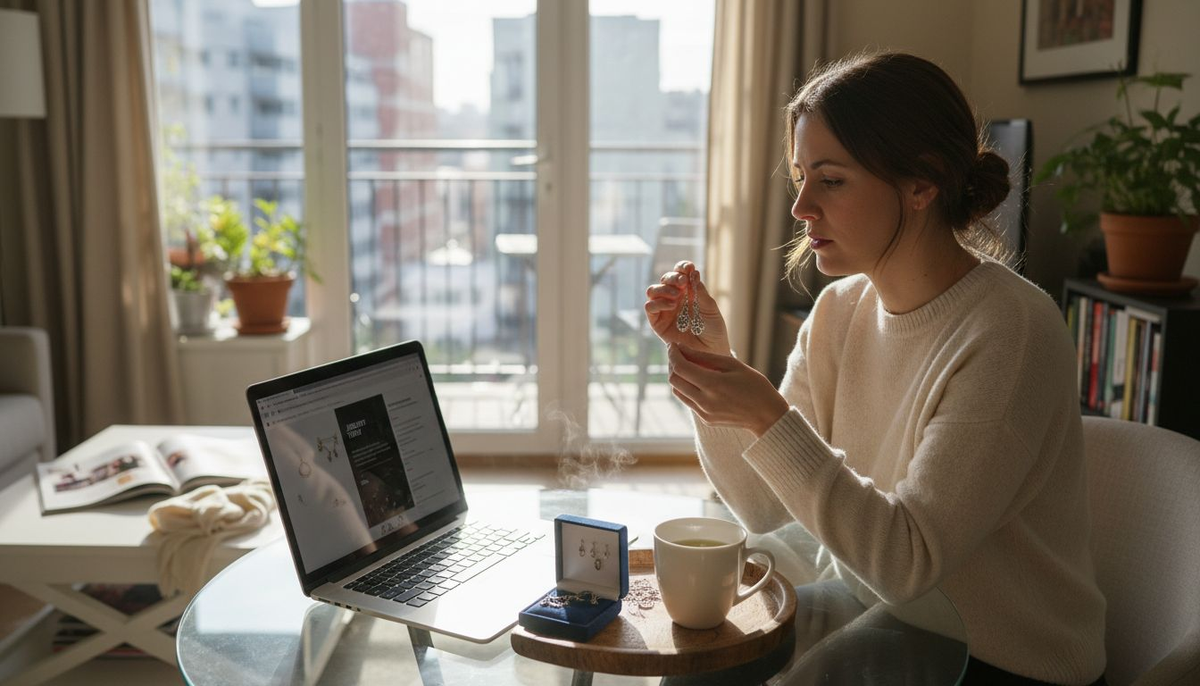Woman shopping affordable luxury jewelry at home
