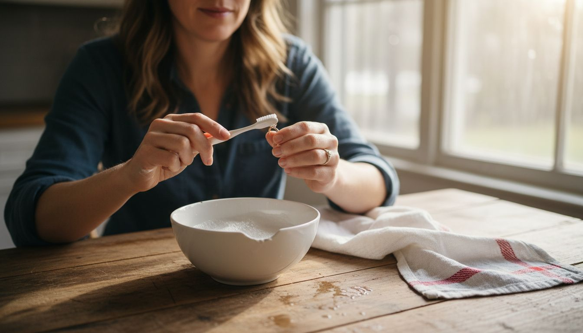 Woman cleaning cubic zirconia ring with toothbrush